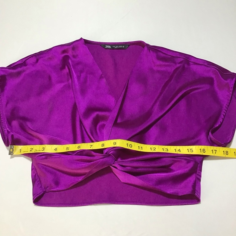 Zara Women's Purple Cropped Satin Knot Front Blouse - Picture 7 of 8